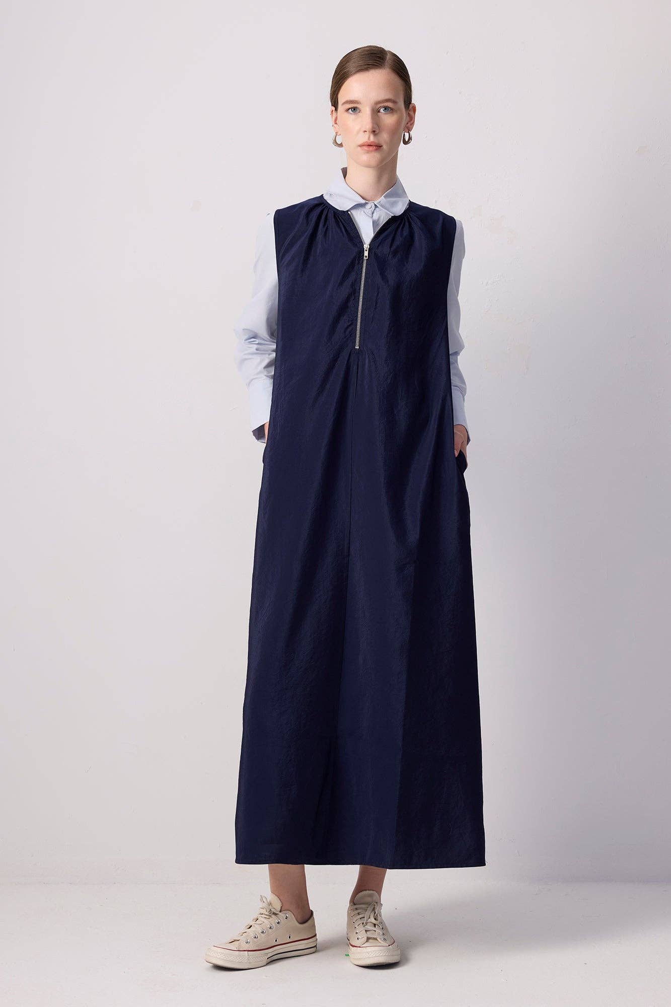 Zippered Pinafore Dress- Navy Blue
