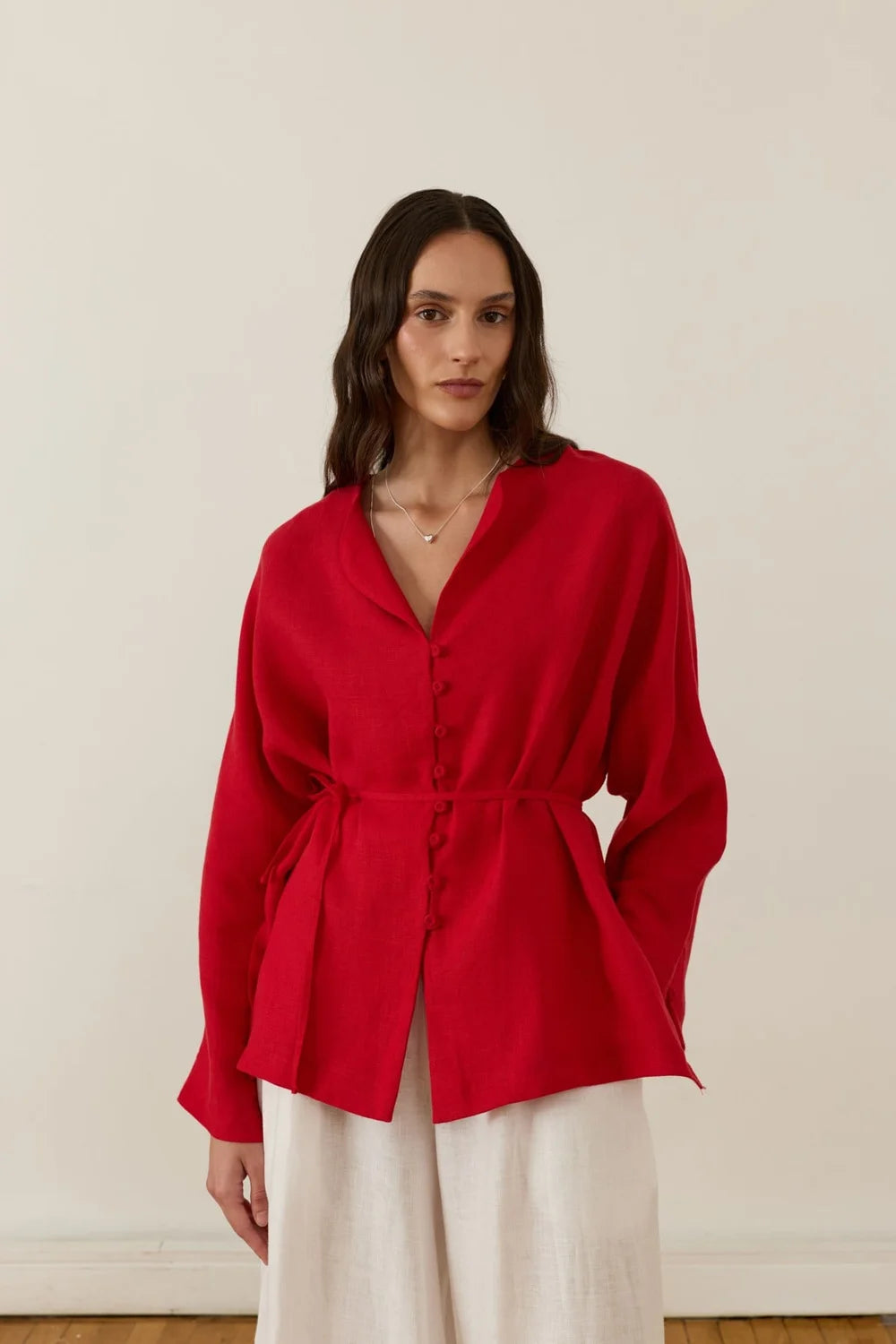 Selin 100% Linen Belted Shirt - Red image 1