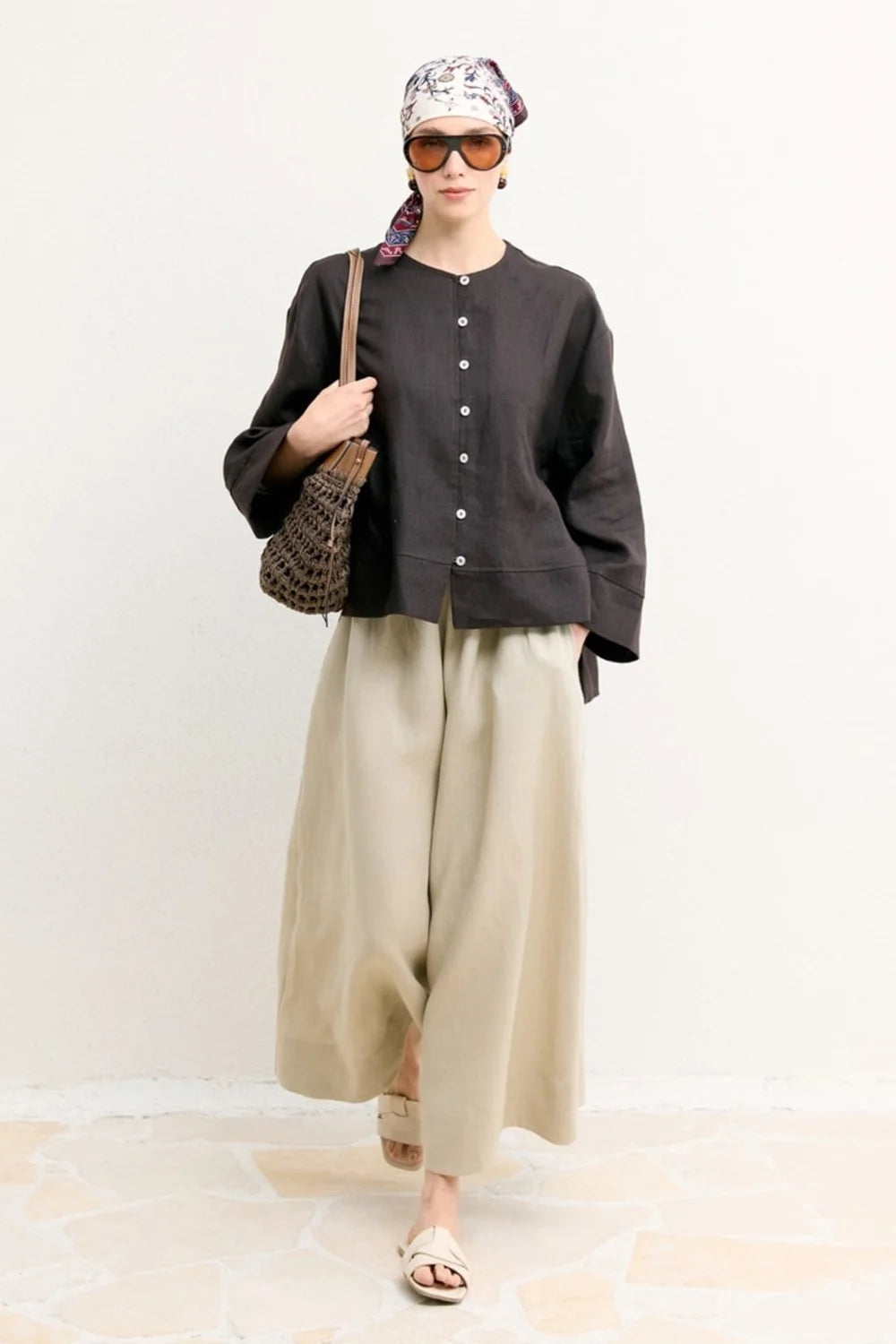 Claire Organic Linen Wide-Leg Trousers - Beige image 1