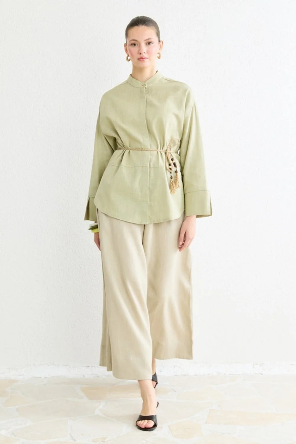 Talia Linen Belted Shirt - Sage image 1