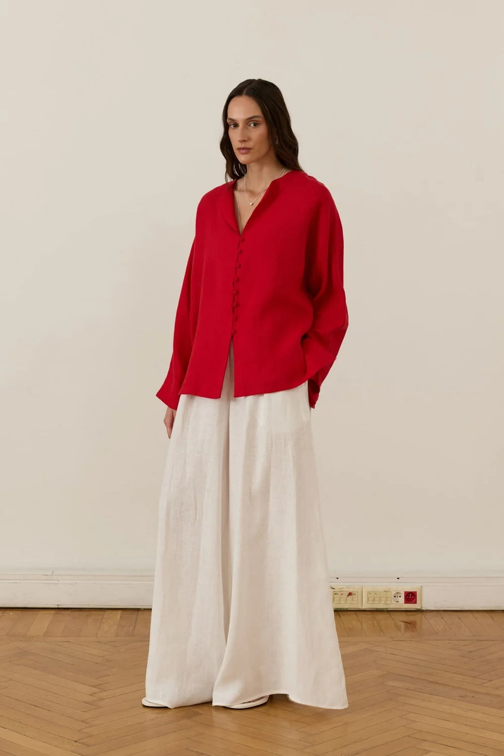 Selin 100% Linen Belted Shirt - Red image 2