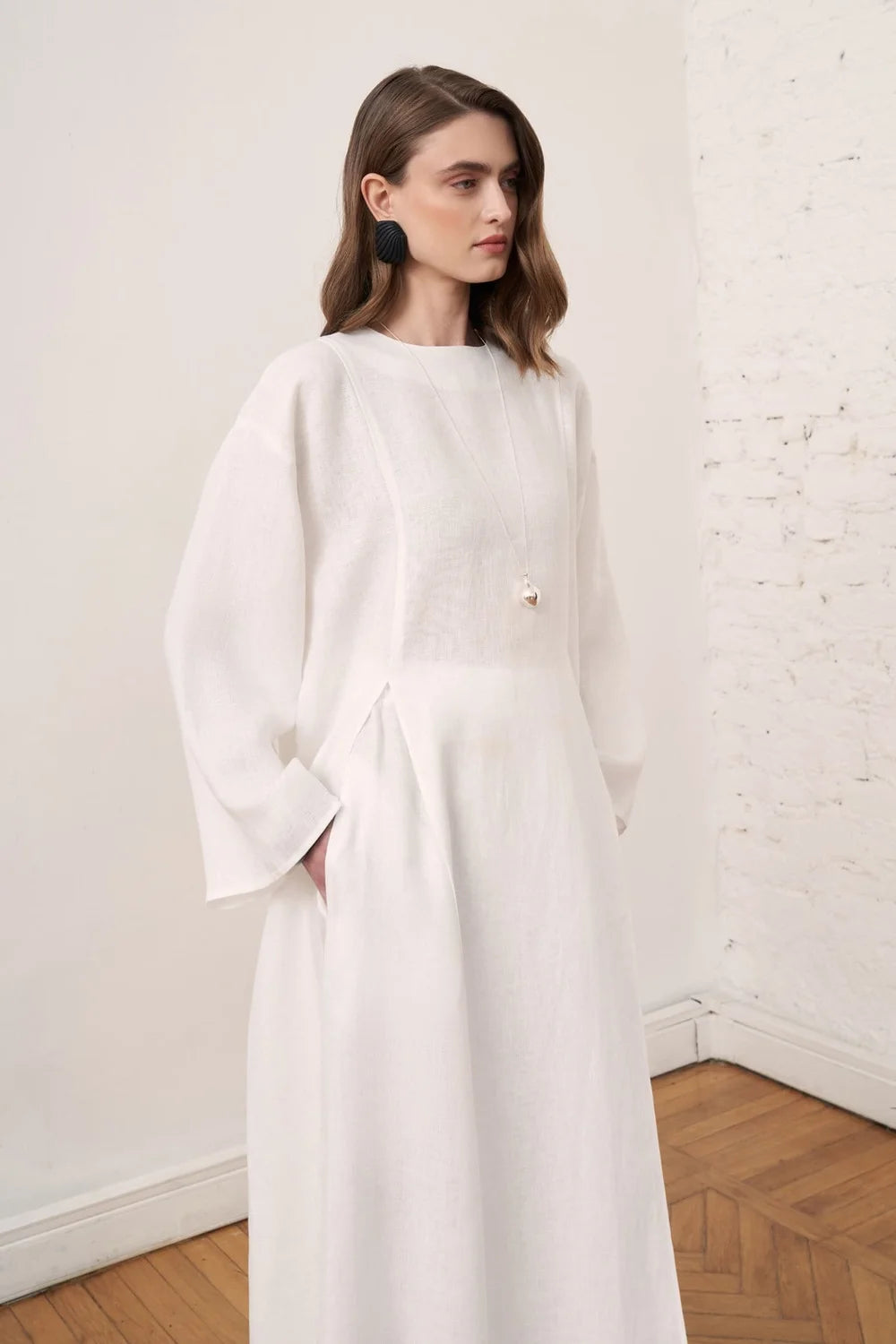 Nisa 100% Linen Slit Long Blouse - White image 2