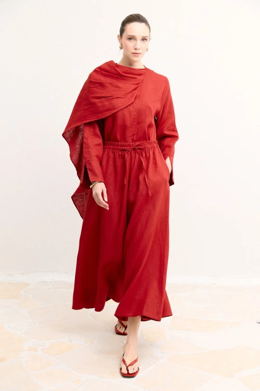 Claire Organic Linen Wide-Leg Trousers - Red image 2