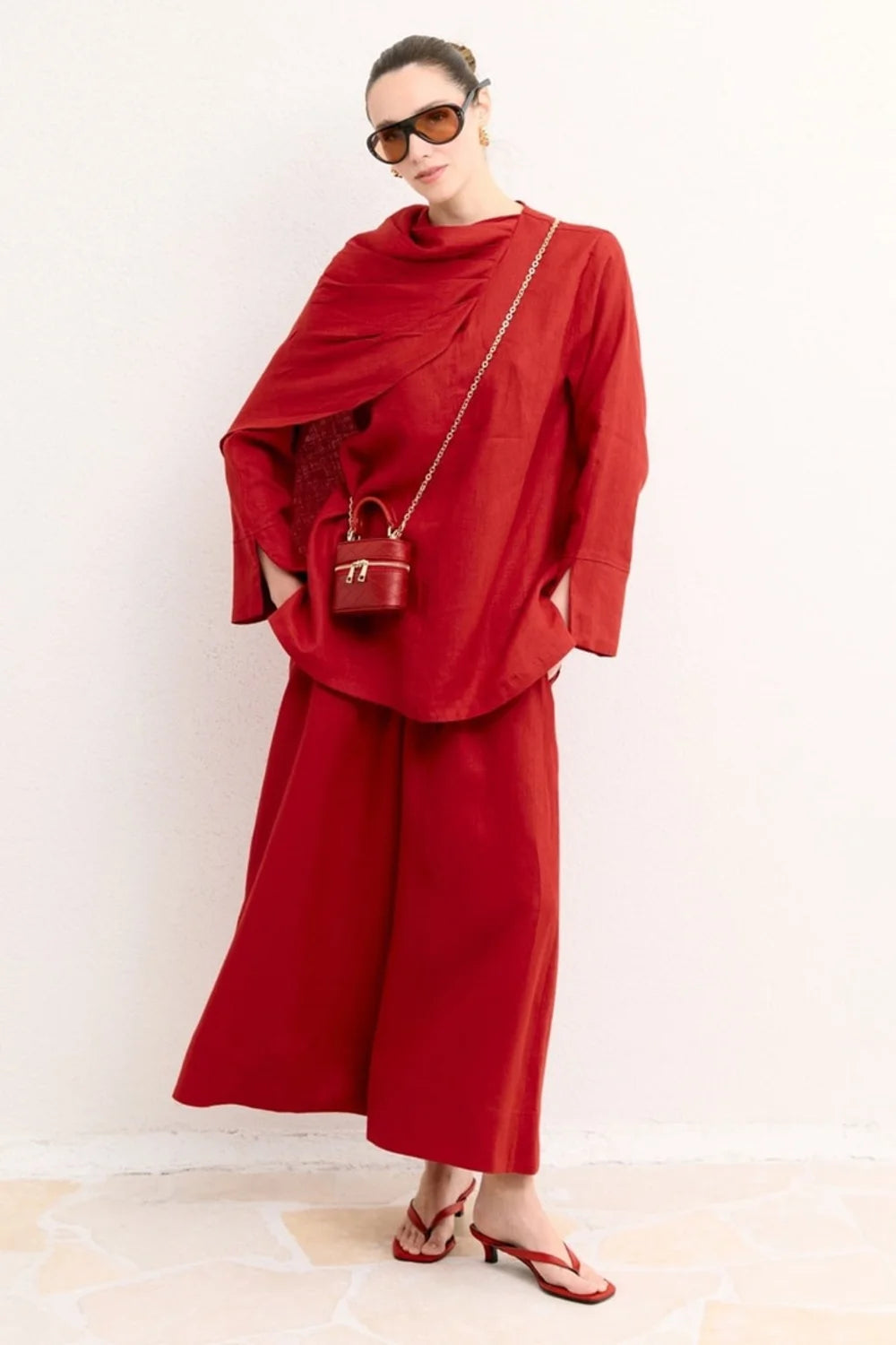 Nora Organic Linen Shawl-Shoulder Shirt - Red image 2