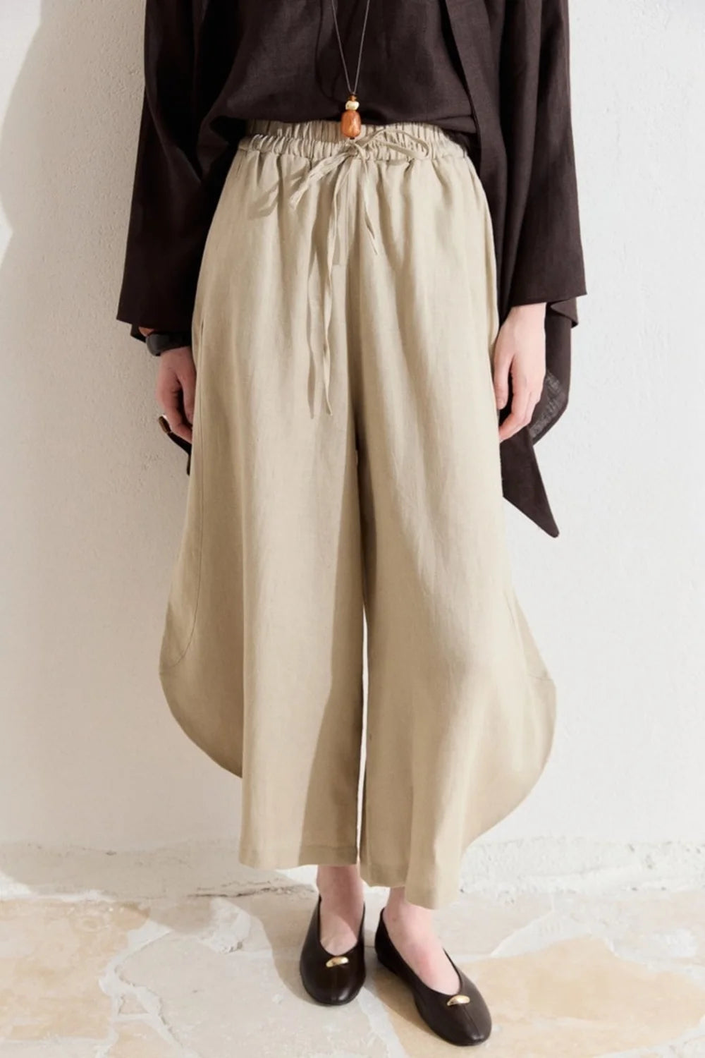 Mila Pleated Organic Linen Wide-Leg Trousers - Beige image 2