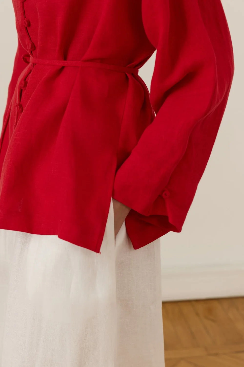 Selin 100% Linen Belted Shirt - Red image 3