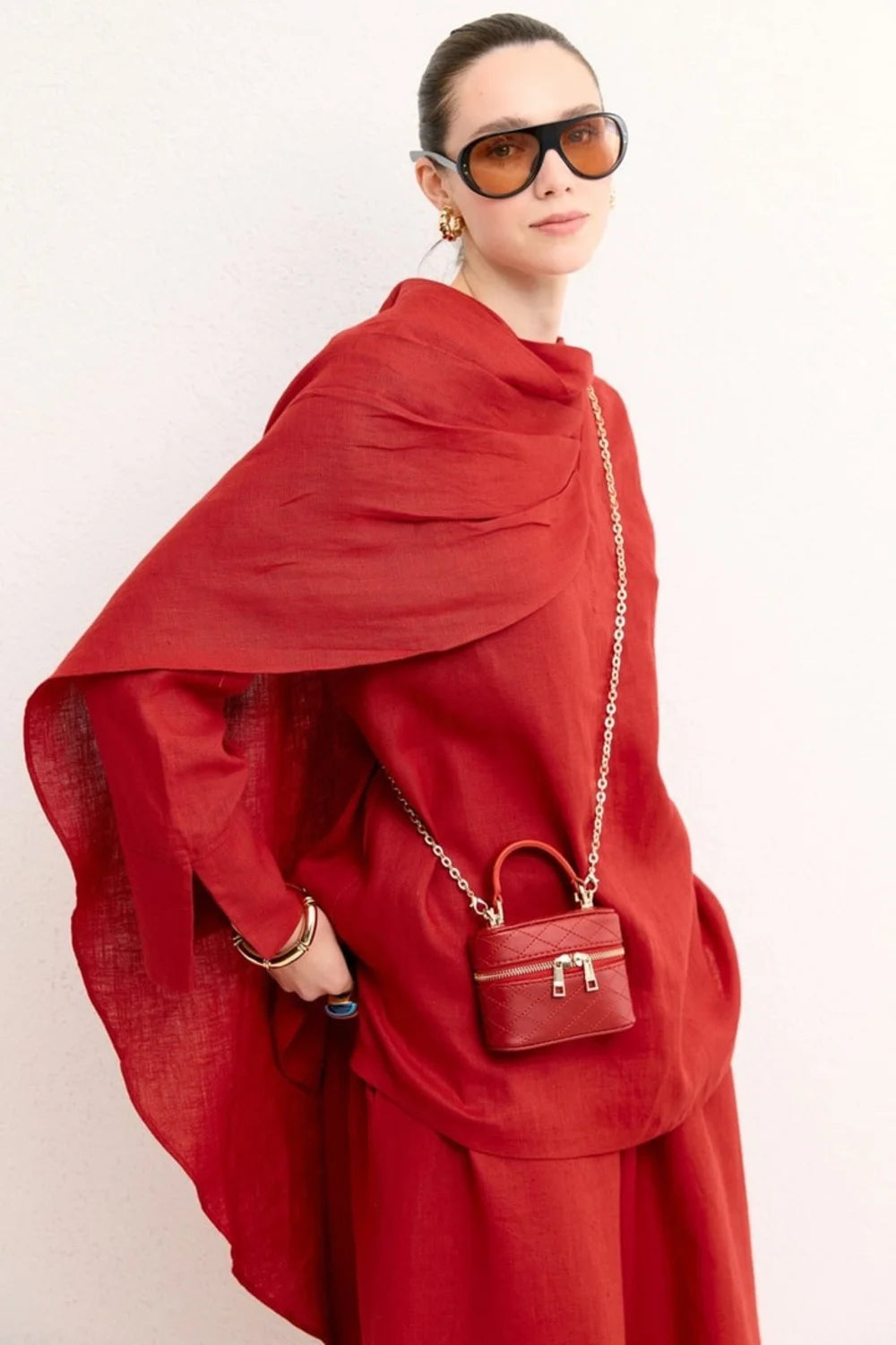 Nora Organic Linen Shawl-Shoulder Shirt - Red image 3
