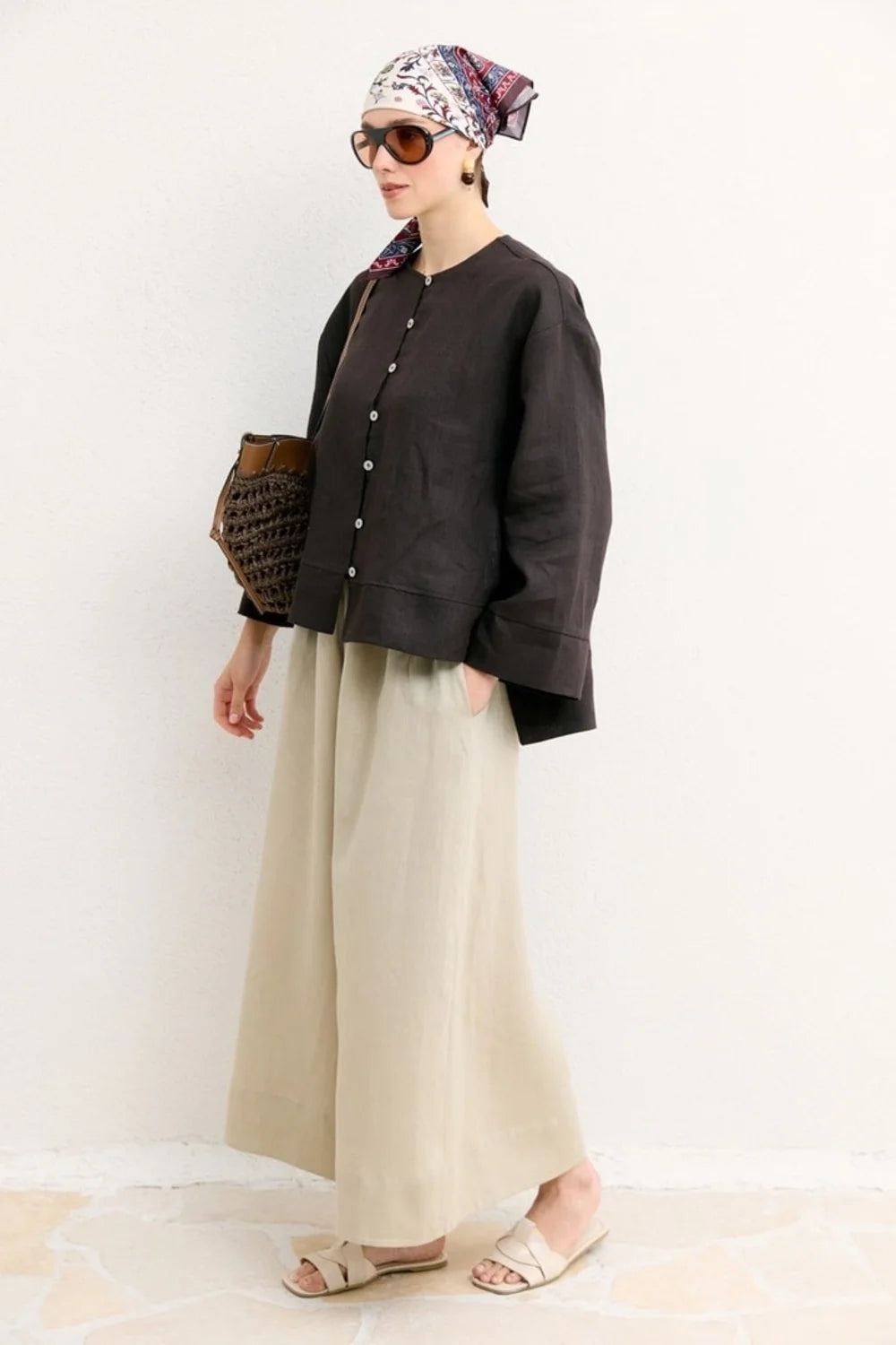 Claire Organic Linen Wide-Leg Trousers - Beige image 3