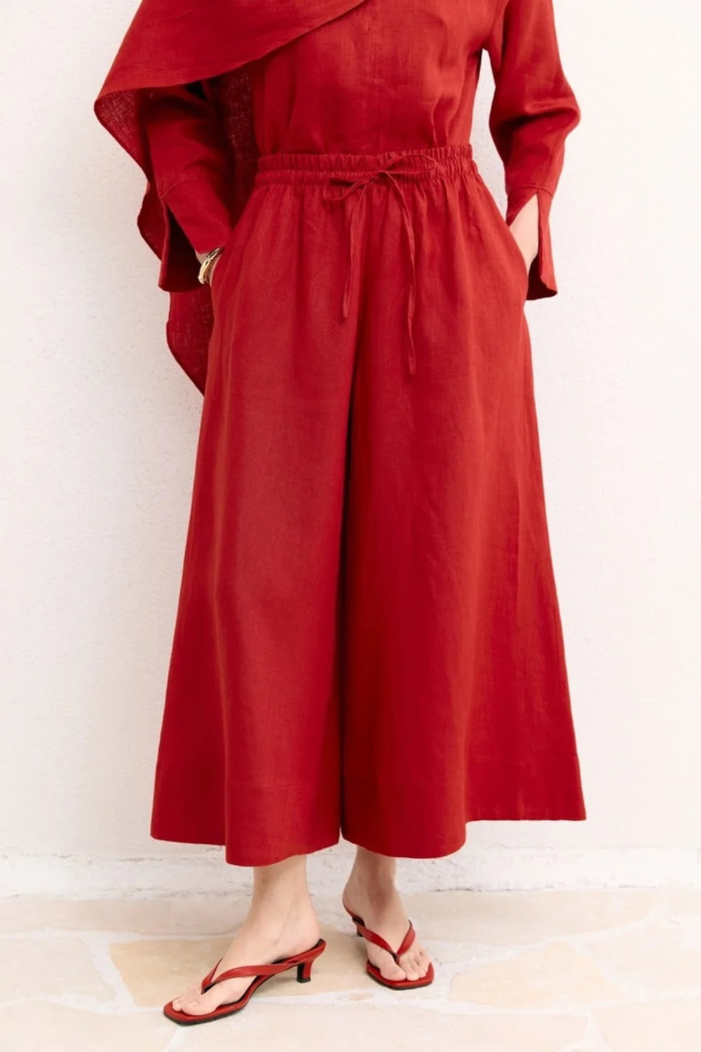 Claire Organic Linen Wide-Leg Trousers - Red image 3