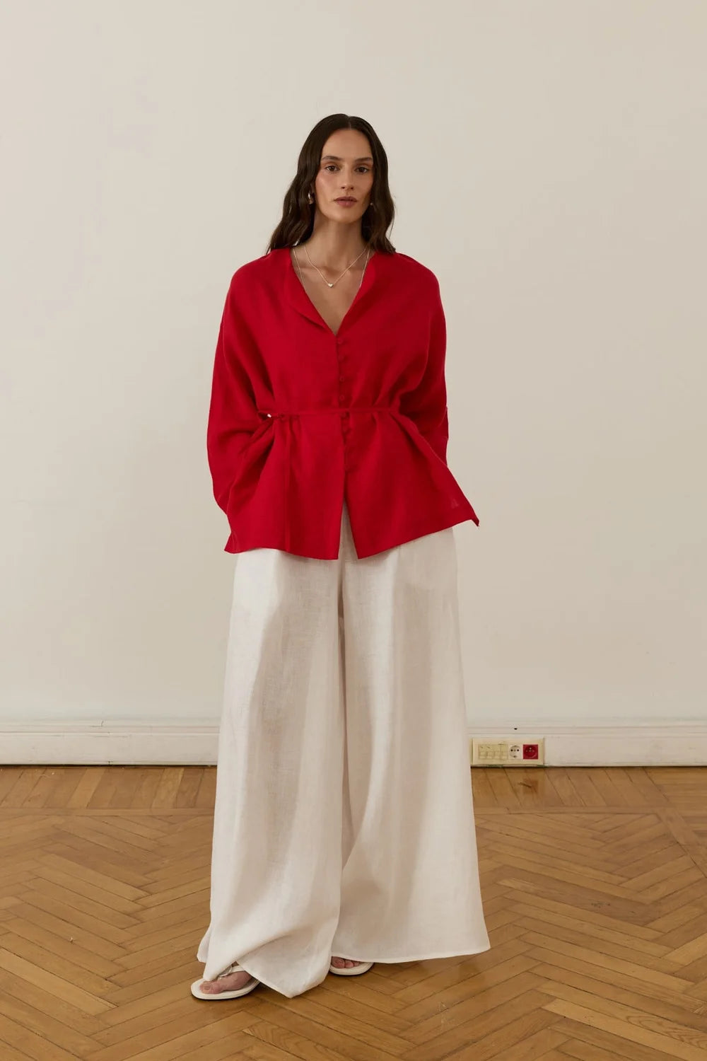 Selin 100% Linen Belted Shirt - Red image 4