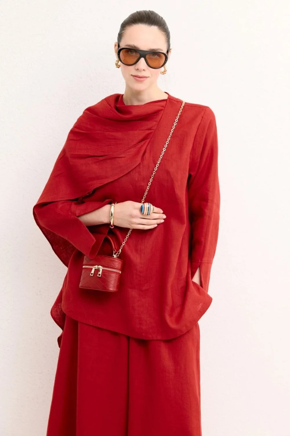 Nora Organic Linen Shawl-Shoulder Shirt - Red image 4