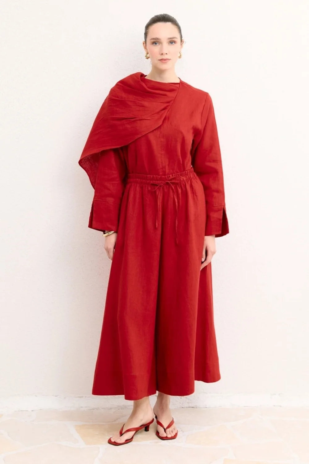 Claire Organic Linen Wide-Leg Trousers - Red image 5