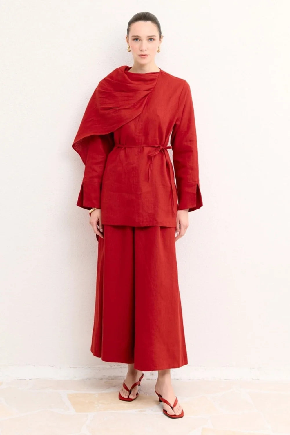 Nora Organic Linen Shawl-Shoulder Shirt - Red image 5