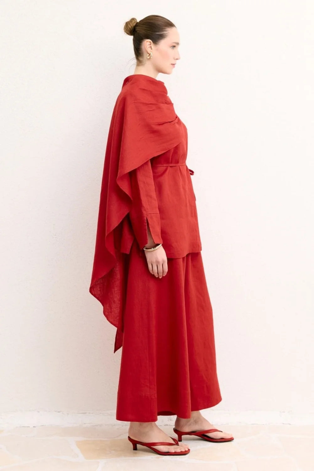 Nora Organic Linen Shawl-Shoulder Shirt - Red image 6