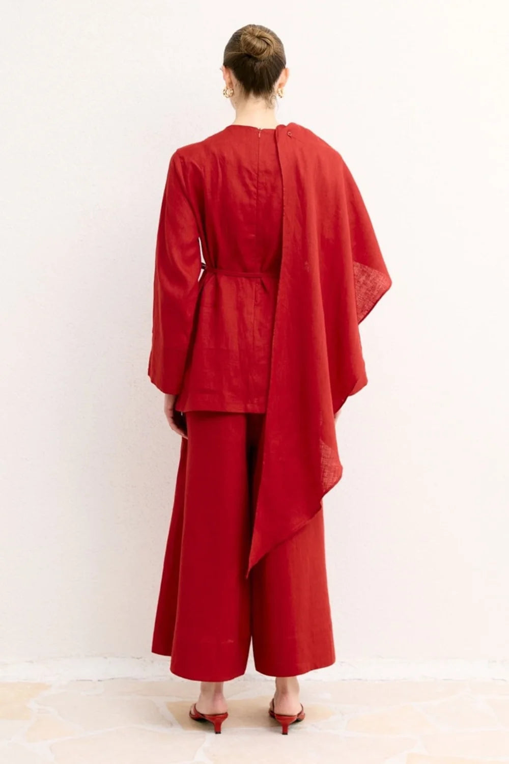 Nora Organic Linen Shawl-Shoulder Shirt - Red image 7