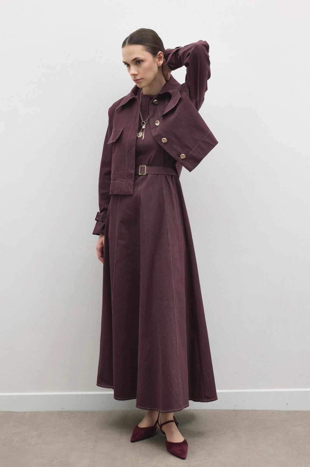 Daria Shirt & Pinafore Denim Set - Burgundy