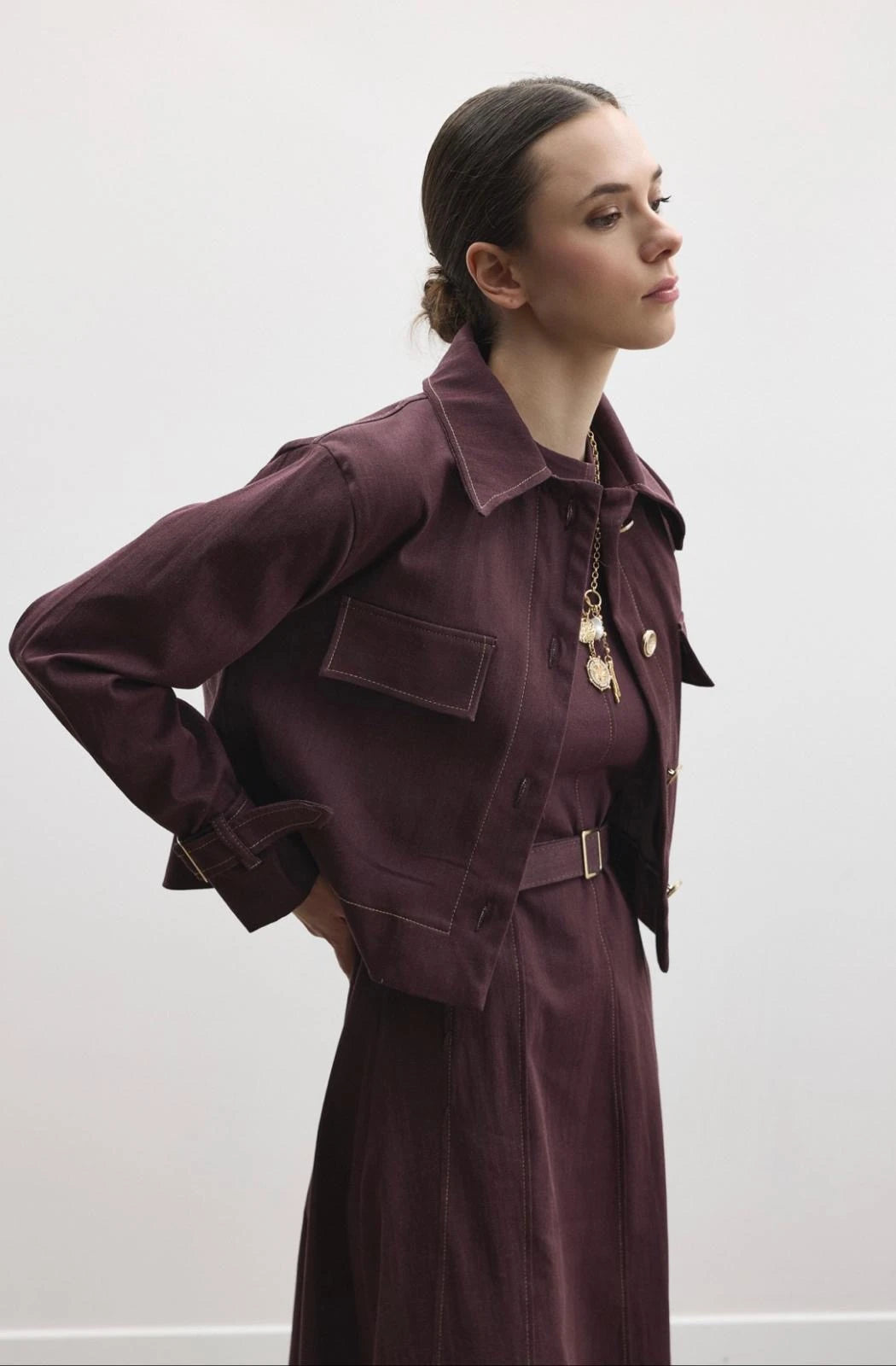 Daria Shirt & Pinafore Denim Set - Burgundy