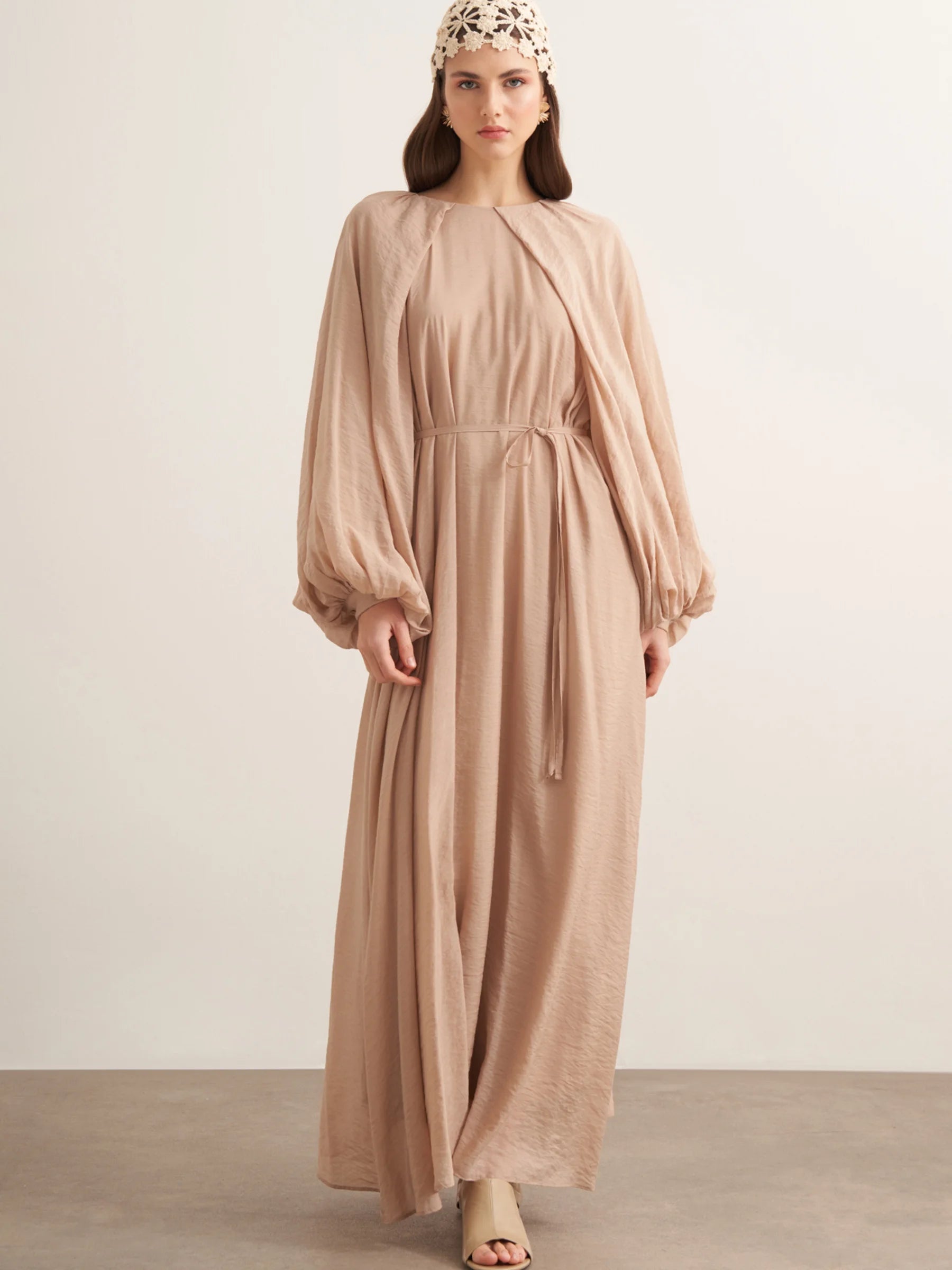 Leyla Balloon Sleeve Dress – Beige