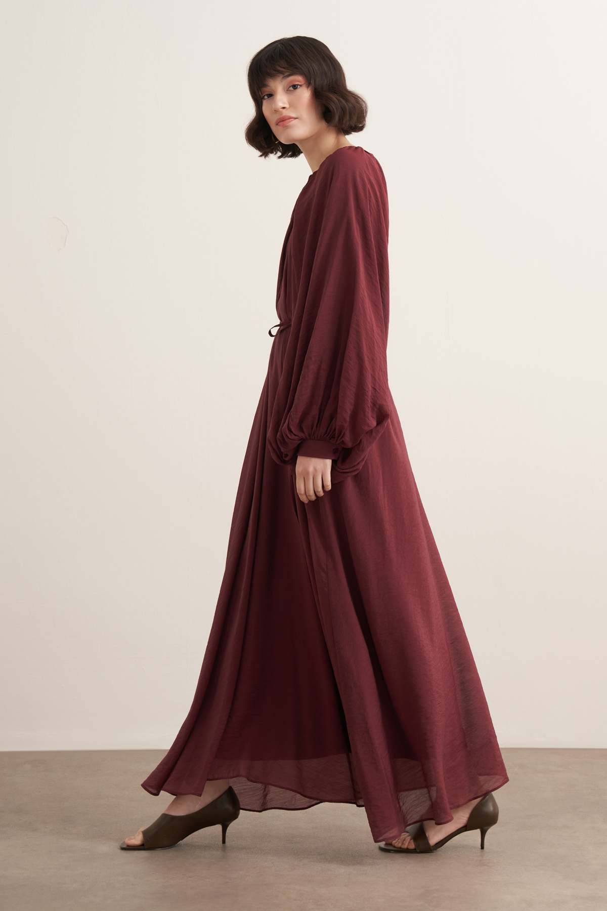 Leyla Balloon Sleeve Dress – Burgundy