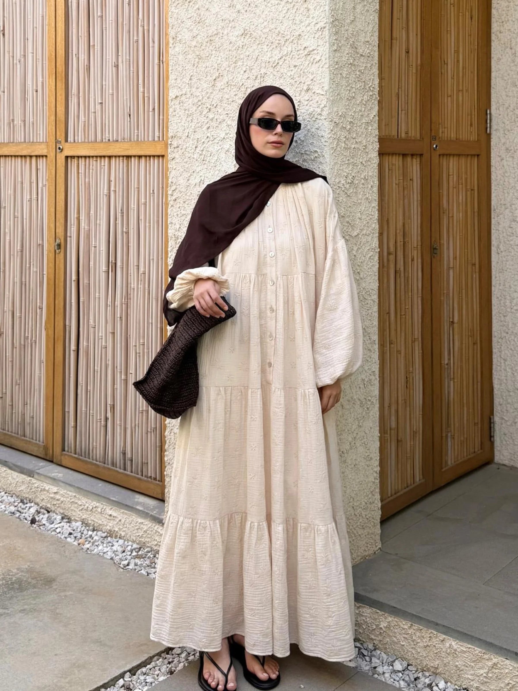 Meyra Embroidered Muslin Dress - Creme