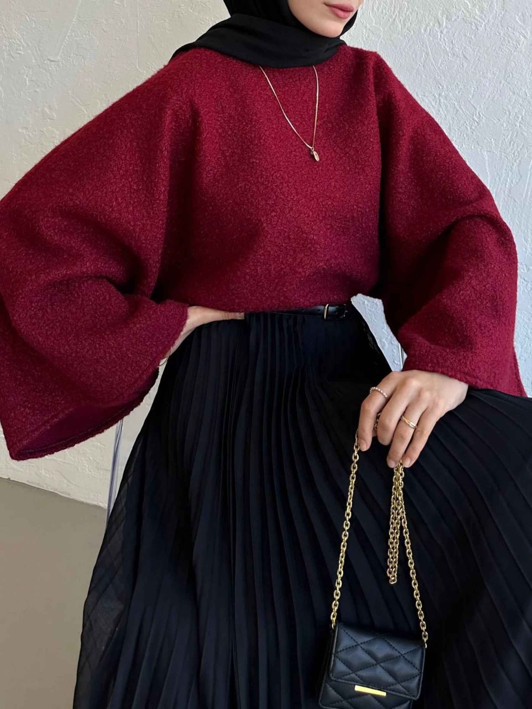 Bouclé-Pullover-Oberteil - Burgunderrot