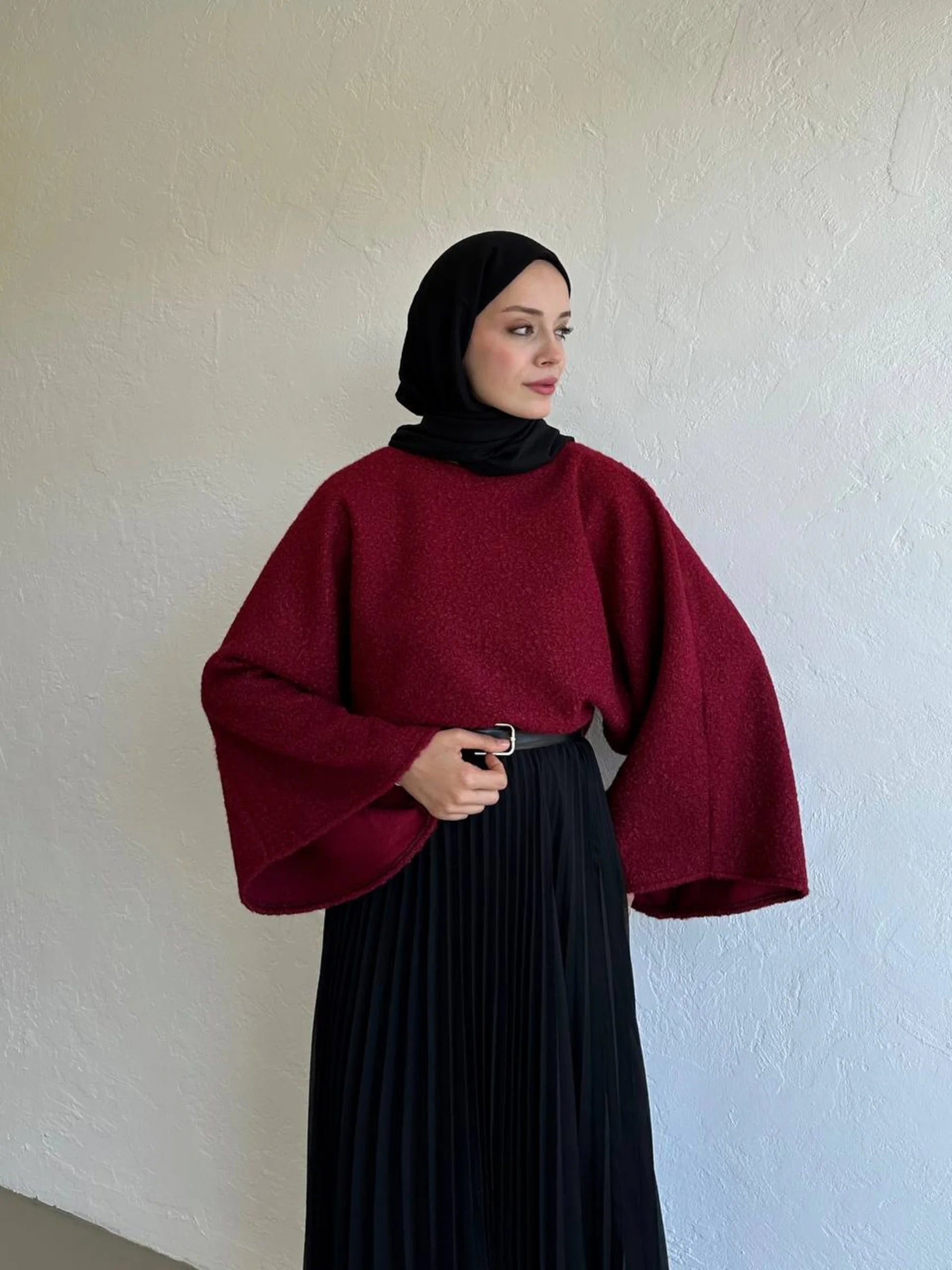 Bouclé-Pullover-Oberteil - Burgunderrot