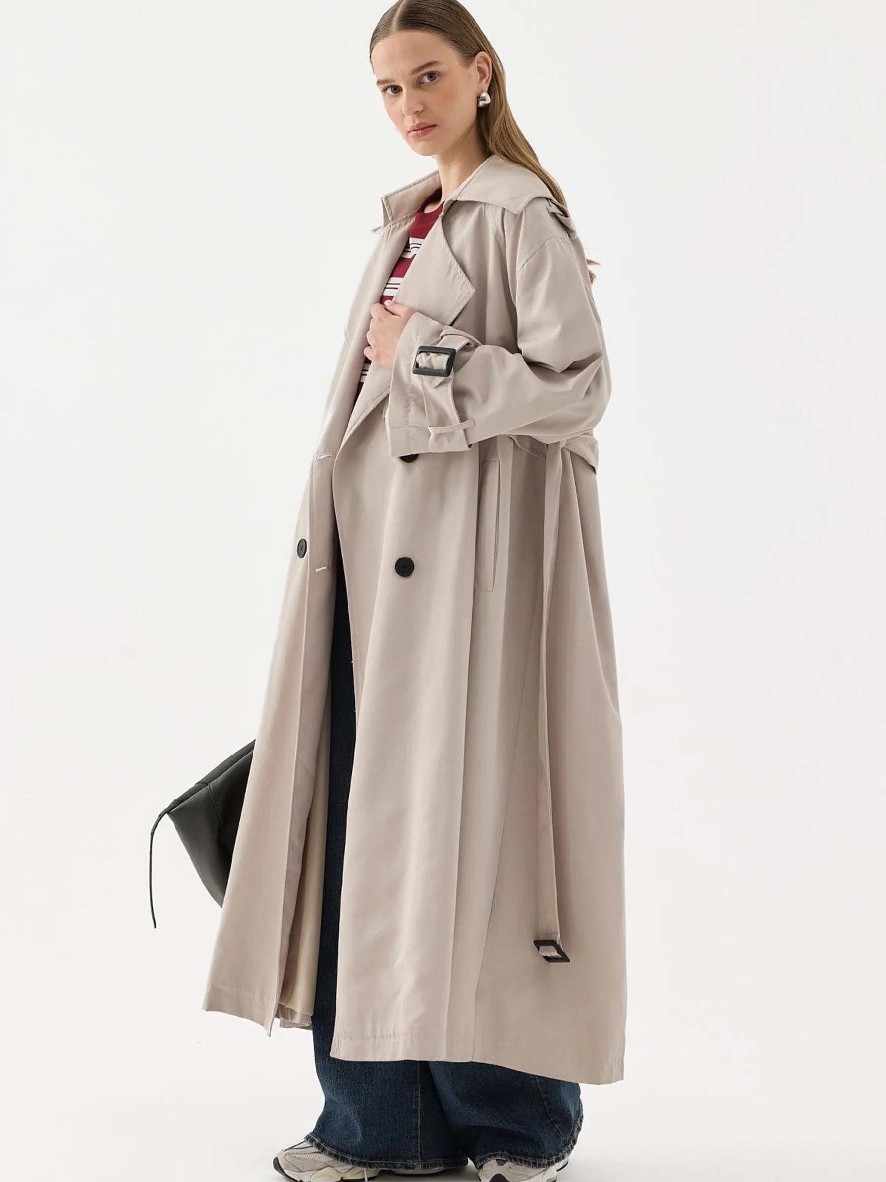 Drapierter Trenchcoat mit Knöpfen – Stein