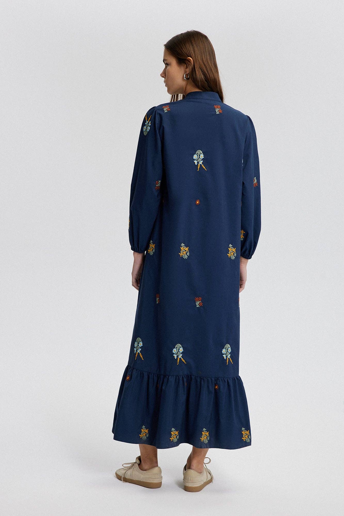 Embroidered Maxi Shirt Dress in Navy Blue by Muserobe, fabric and fit detail