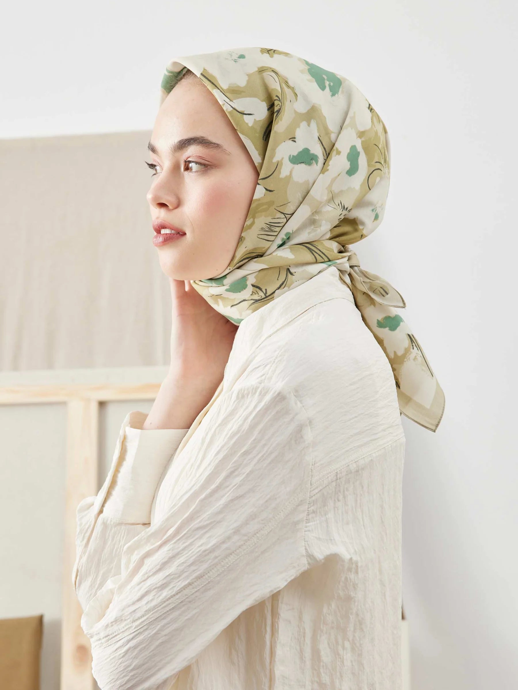 Floral Comfort Headscarf in Sage by Muserobe, side view
