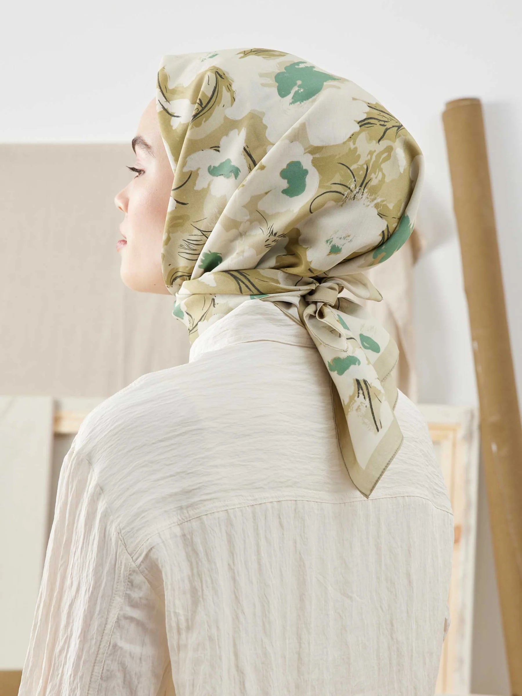 Floral Comfort Headscarf in Sage by Muserobe, back view