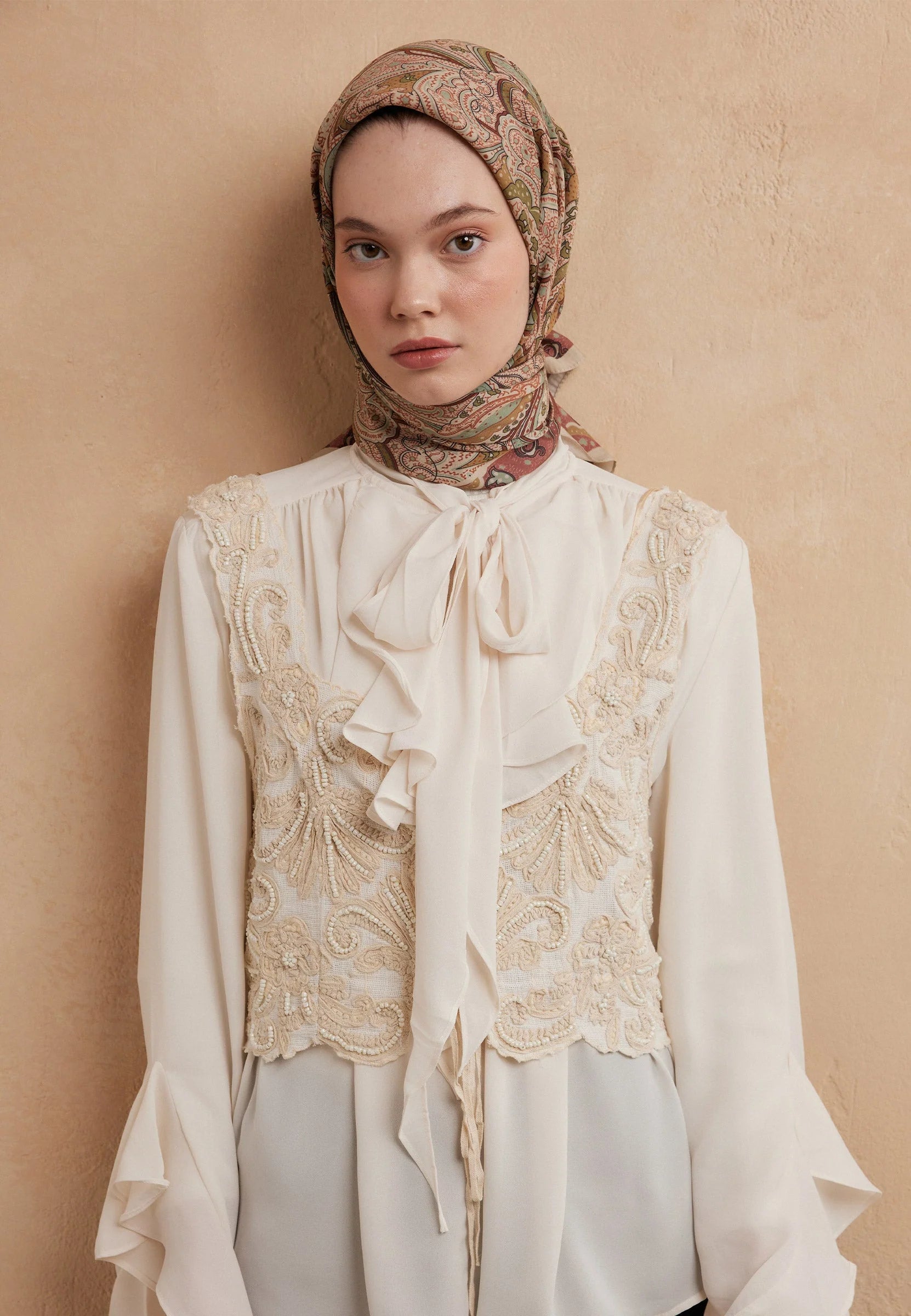 Ethnic Patterned Headscarf in Copper by Muserobe, side view