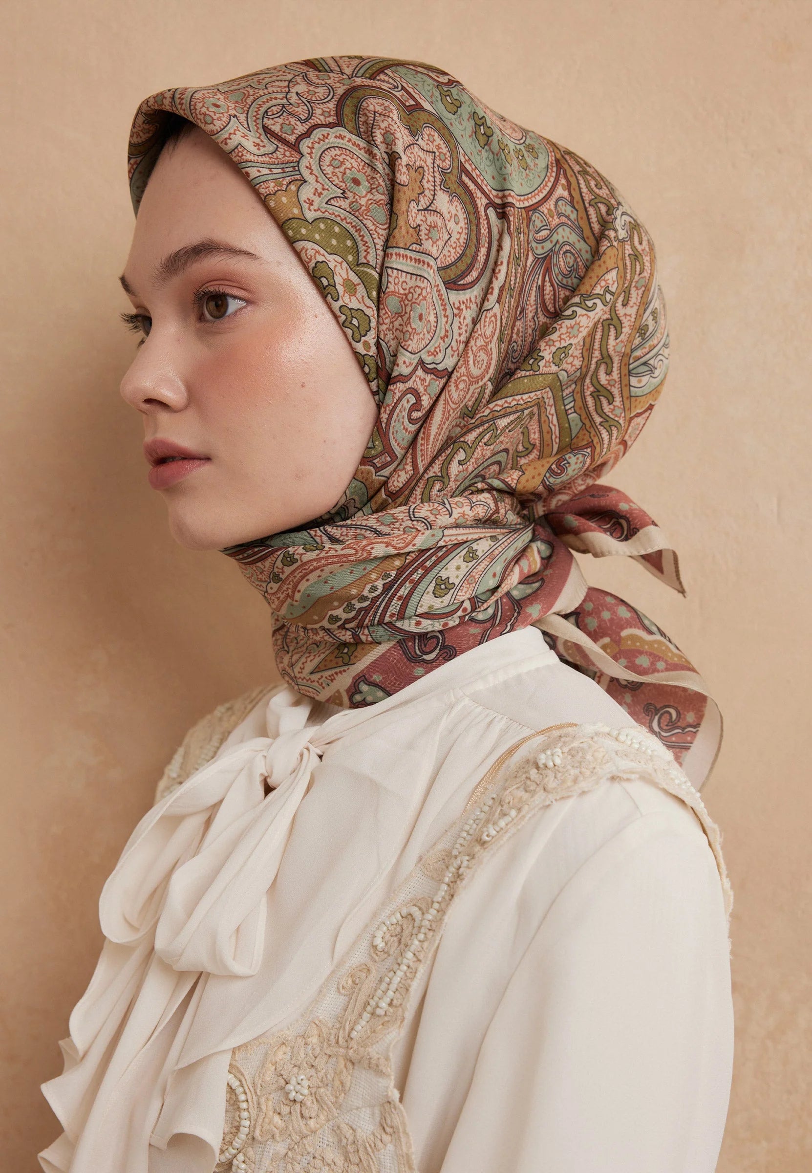 Ethnic Patterned Headscarf in Copper by Muserobe, back view