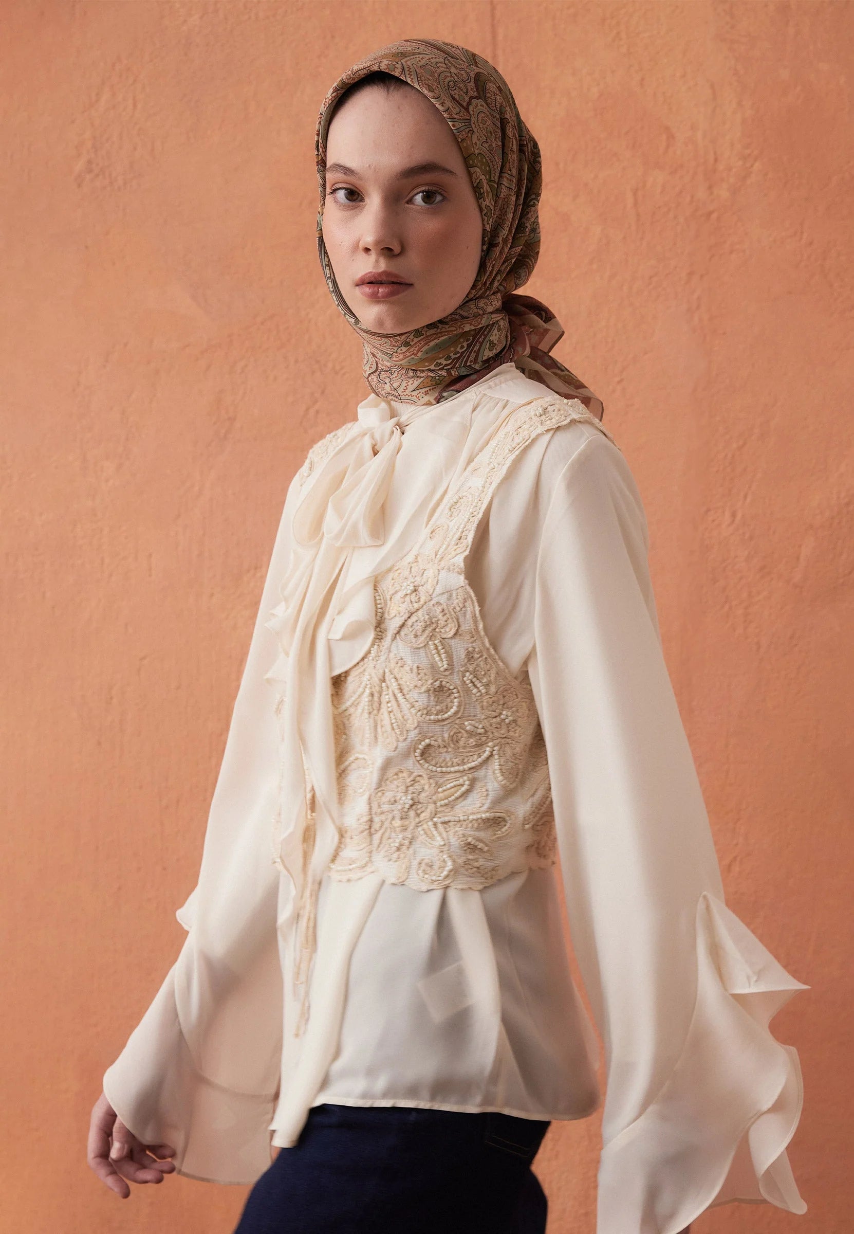 Ethnic Patterned Headscarf in Copper by Muserobe, fabric and fit detail