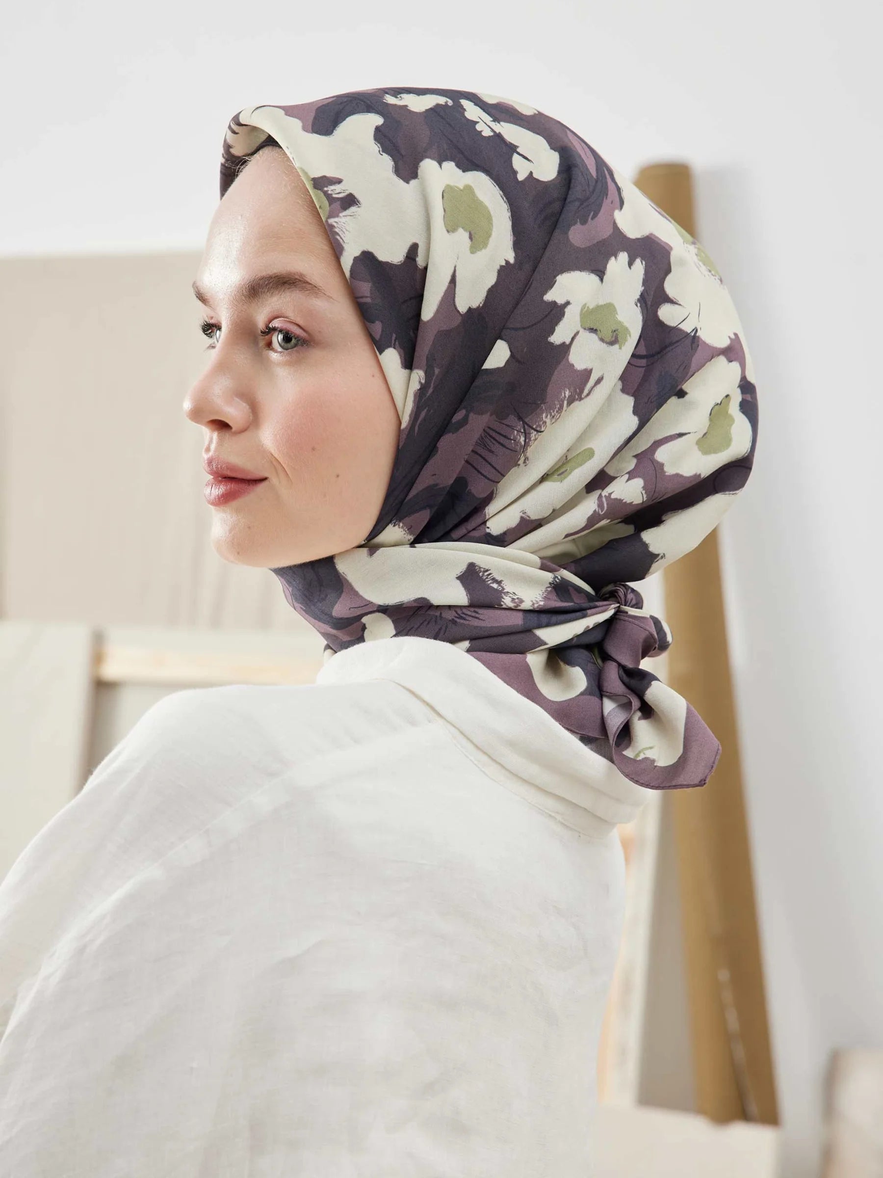 Floral Comfort Headscarf in Plum by Muserobe, side view