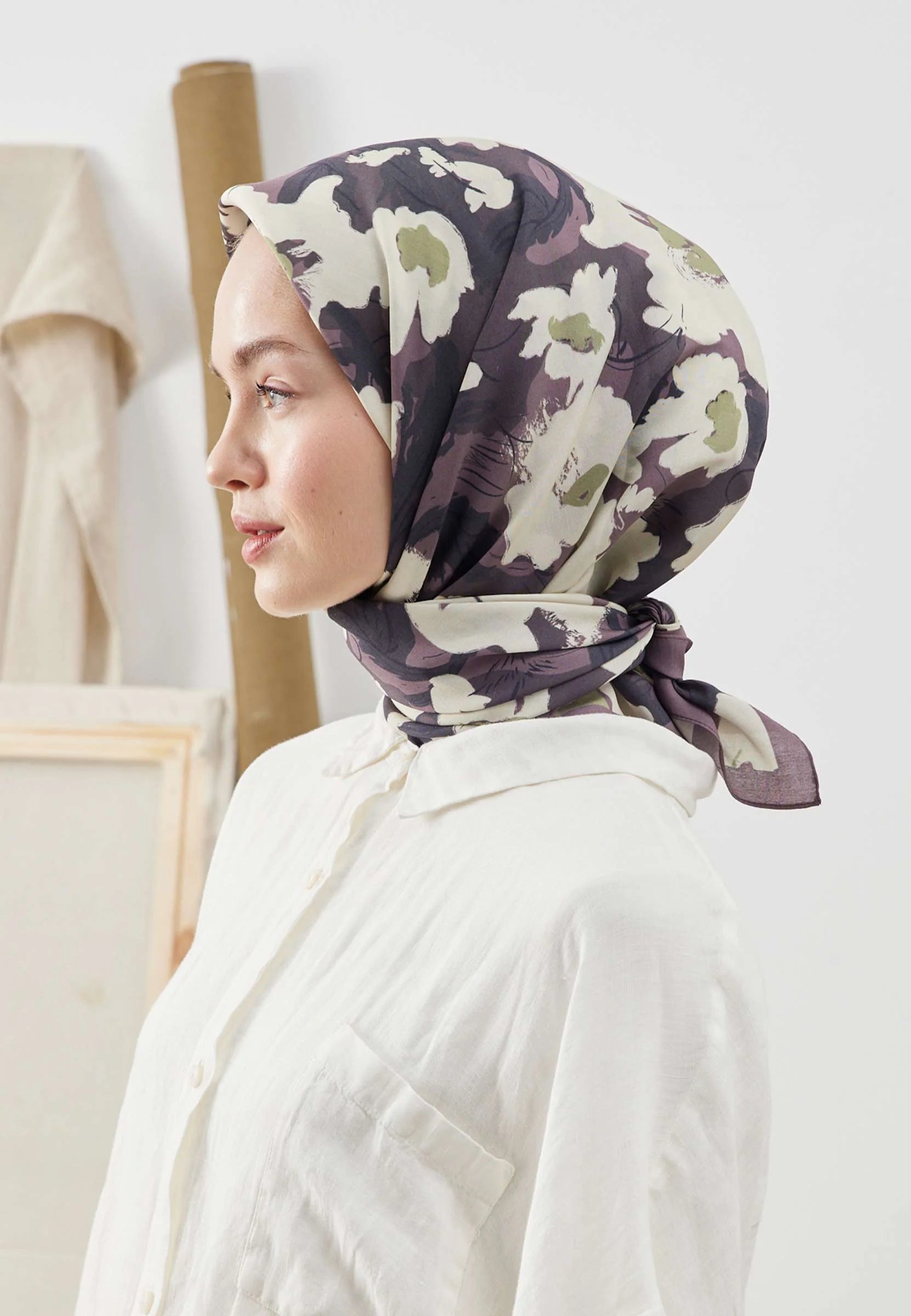 Floral Comfort Headscarf in Plum by Muserobe, back view