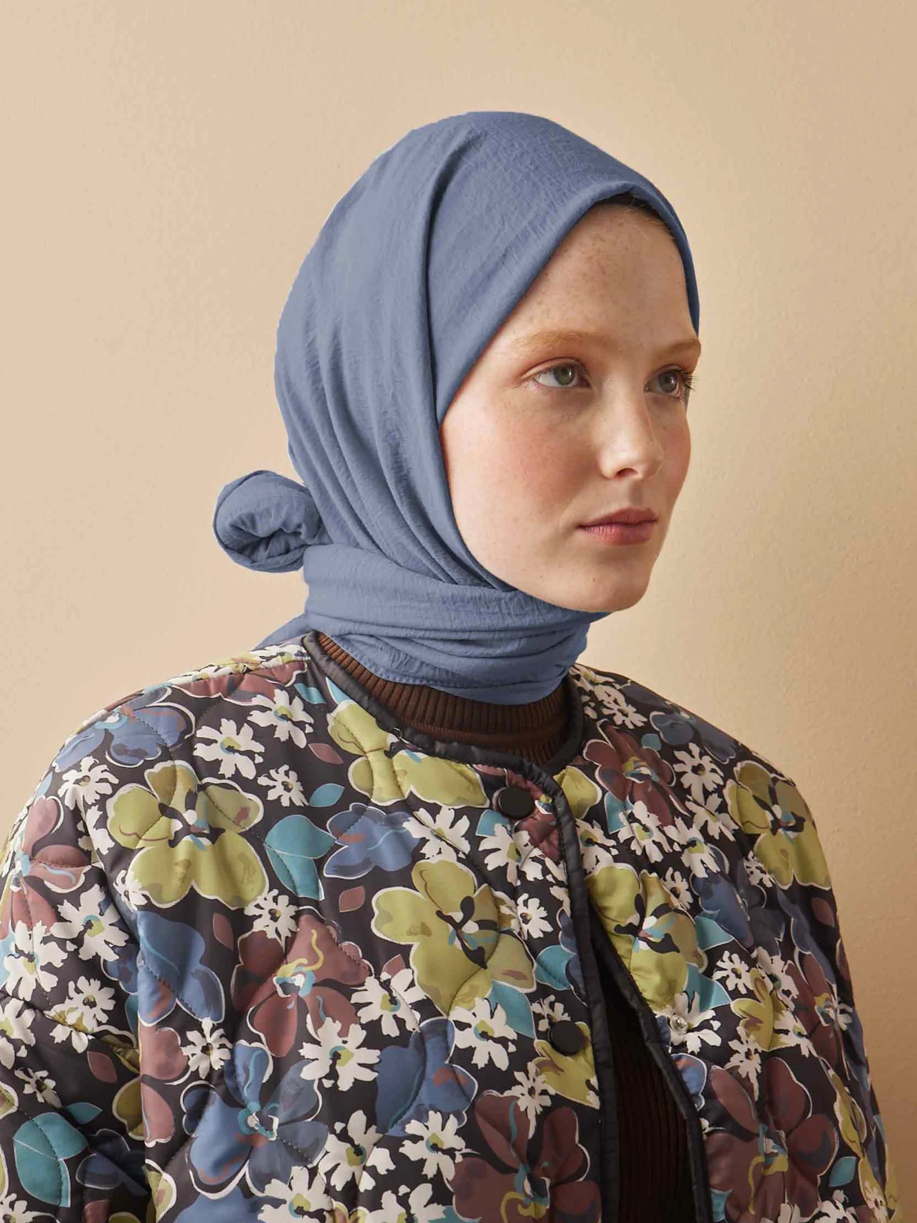 Crinkle Cotton Headscarf in Denim Blue by Muserobe, side view