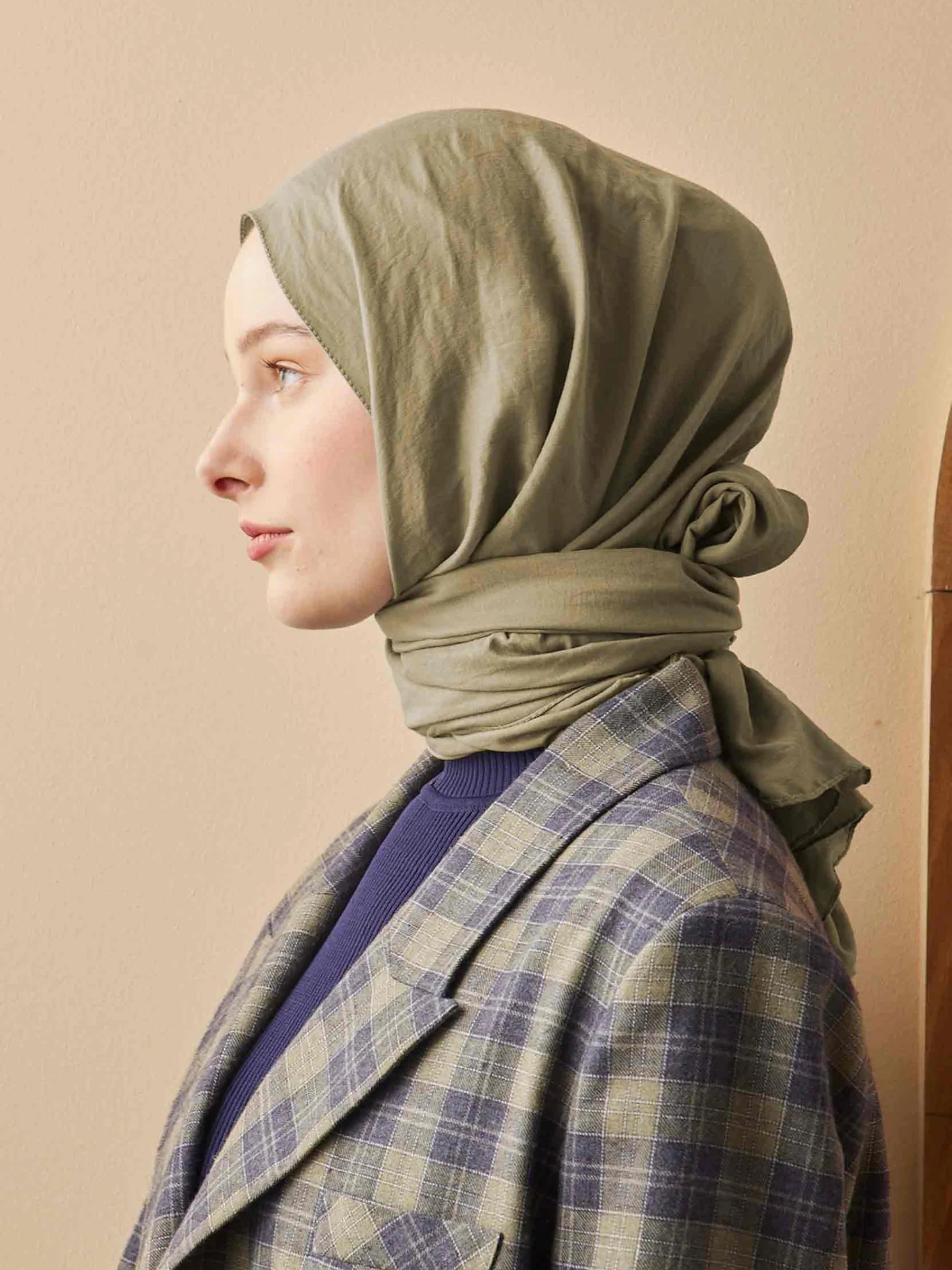Crinkle Cotton Headscarf in Sage by Muserobe, side view