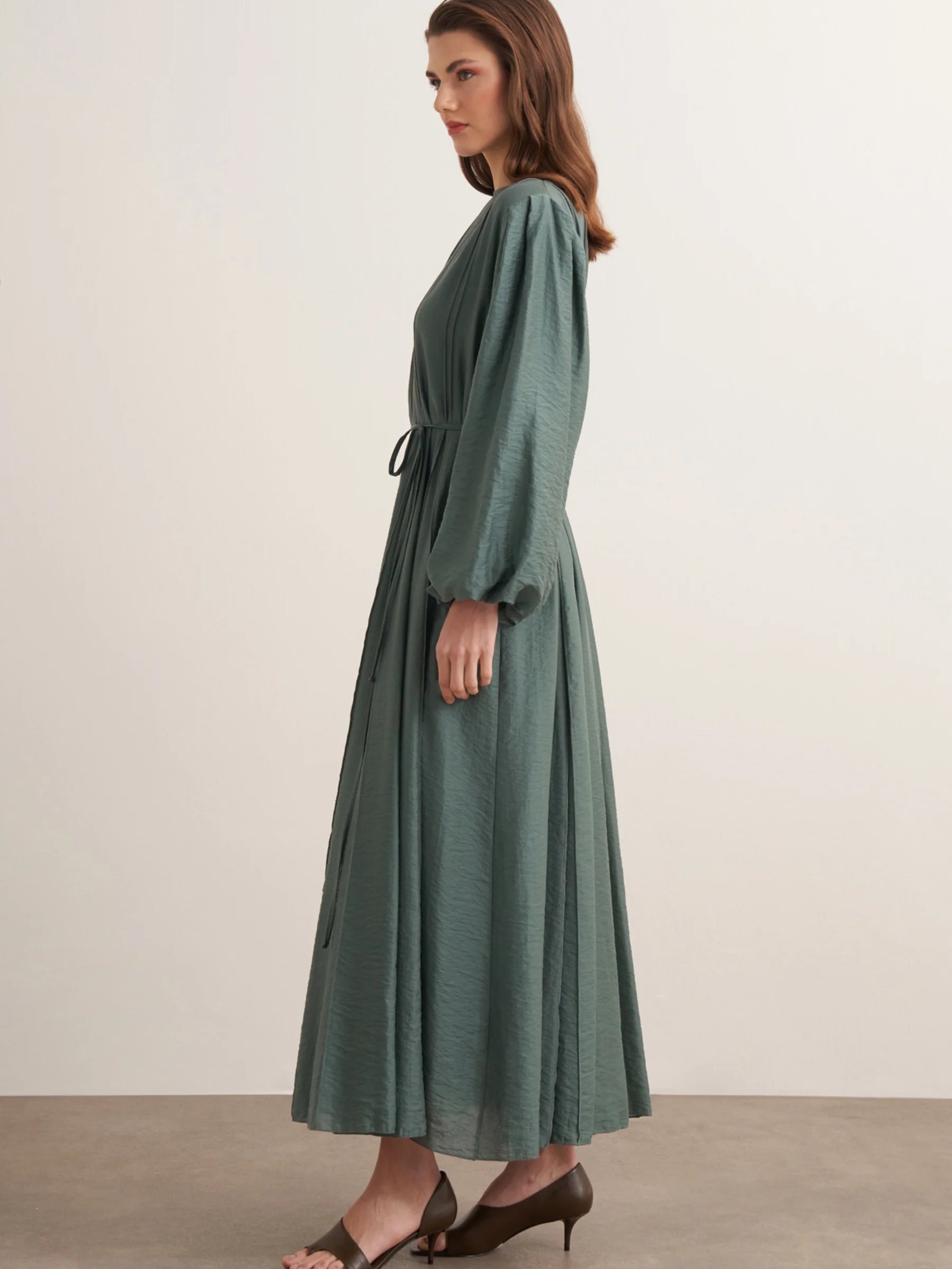 Maria Pleated Dress in Petrol Green by Muserobe, back view