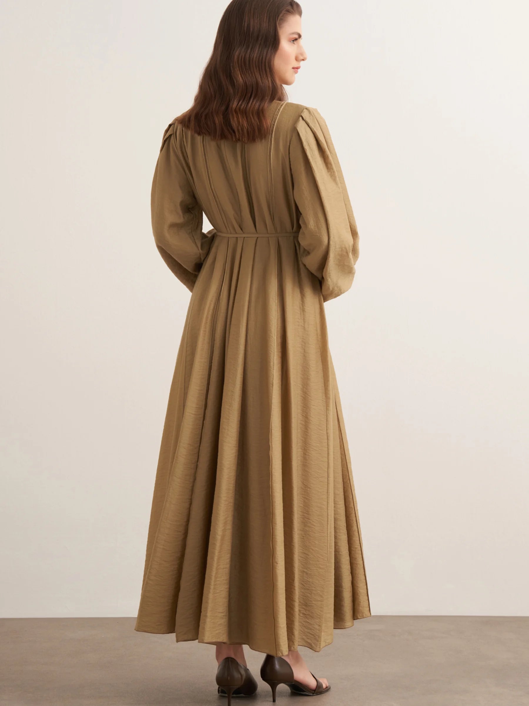Maria Pleated Dress in Olive by Muserobe, fabric and fit detail