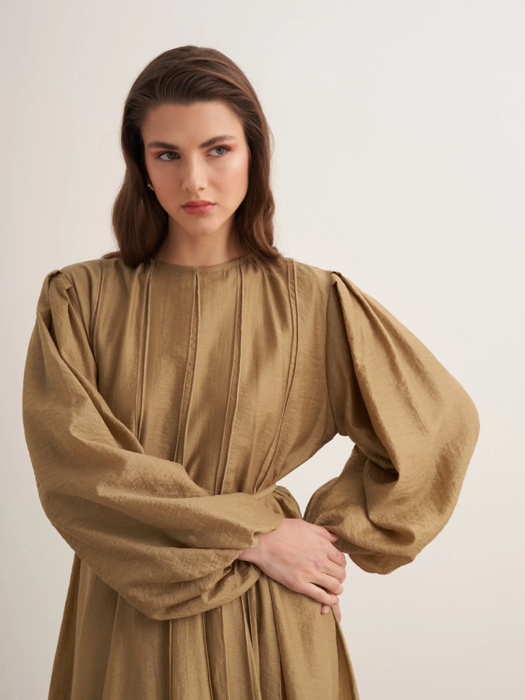 Maria Pleated Dress in Olive by Muserobe, side view