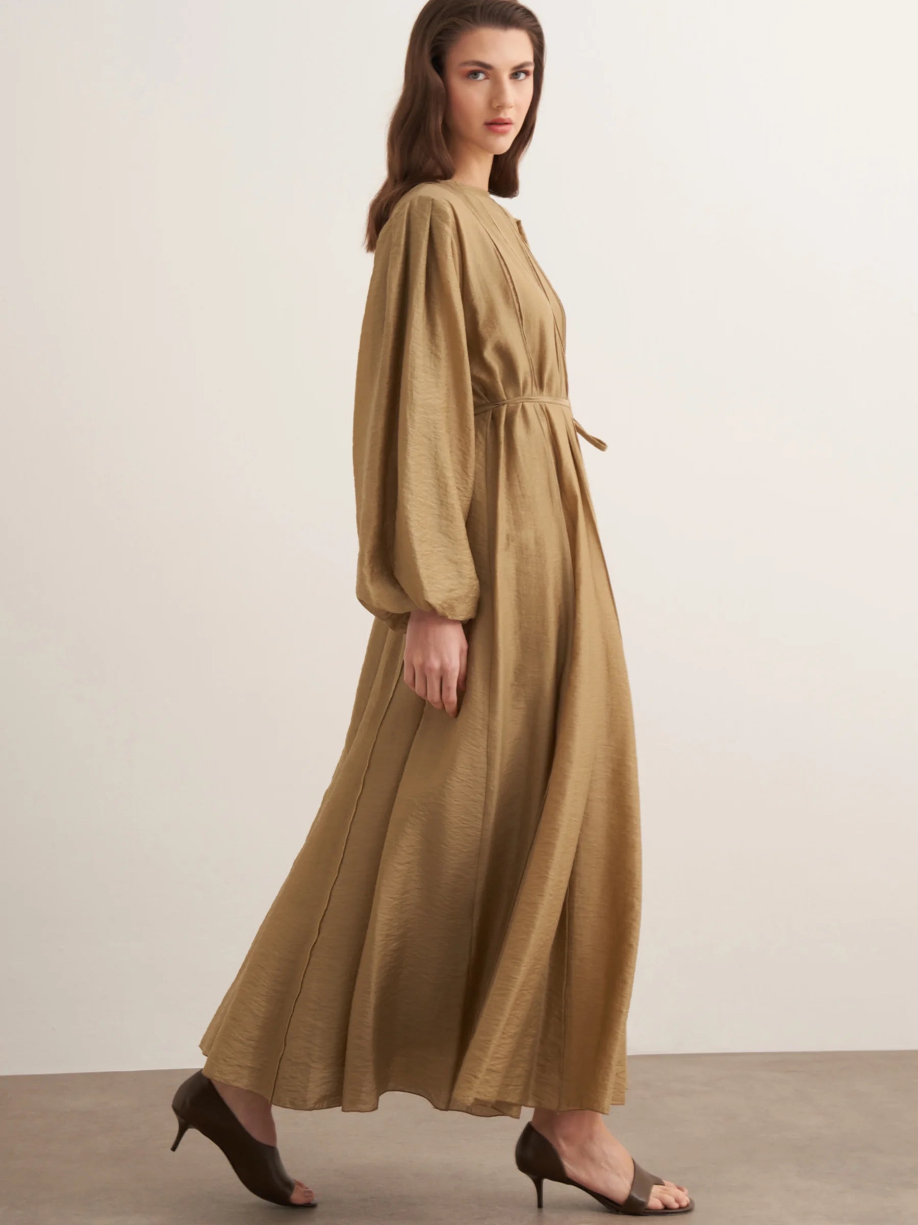 Maria Pleated Dress in Olive by Muserobe, back view