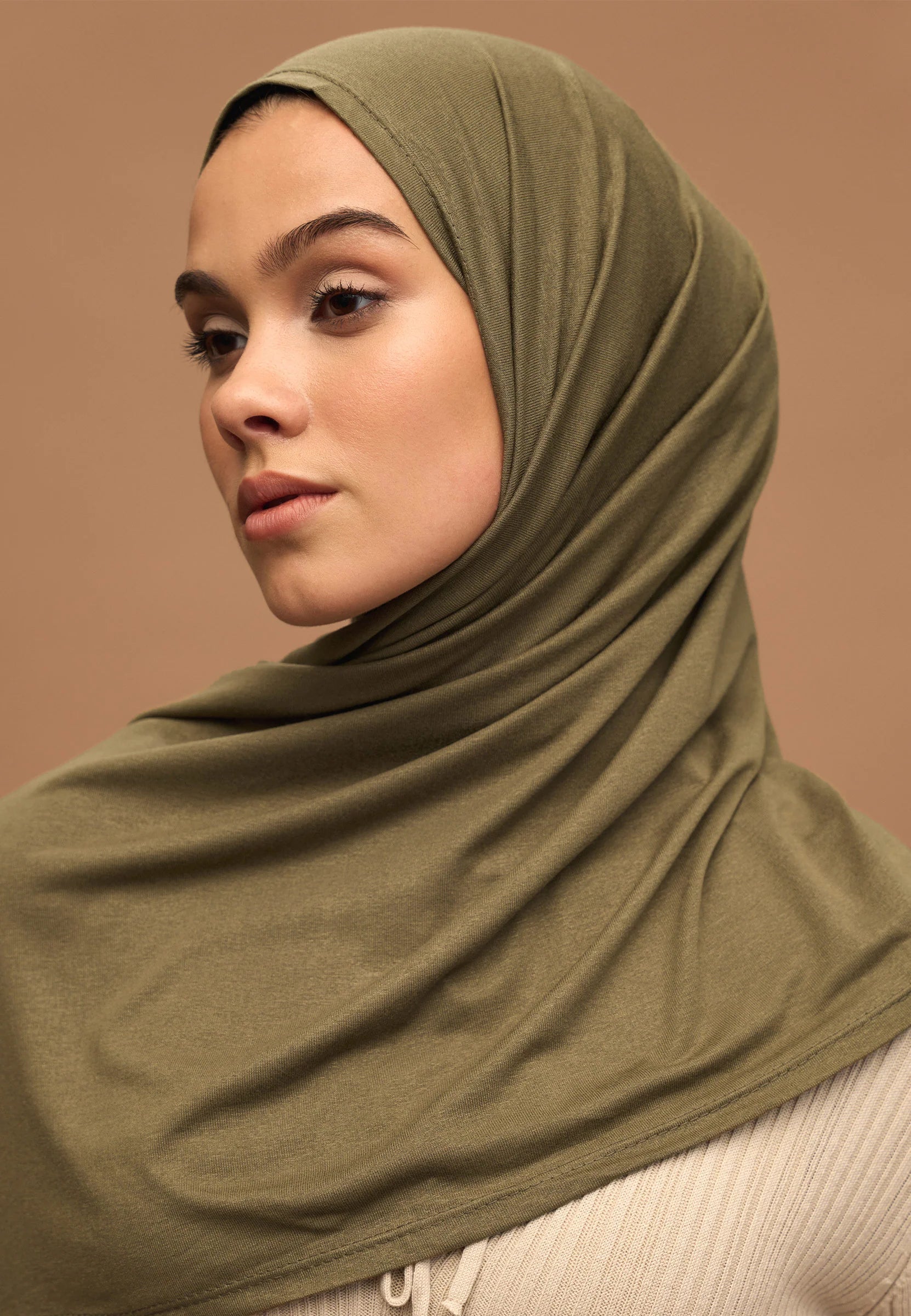 Cotton Jersey Headscarf in Khaki by Muserobe, back view