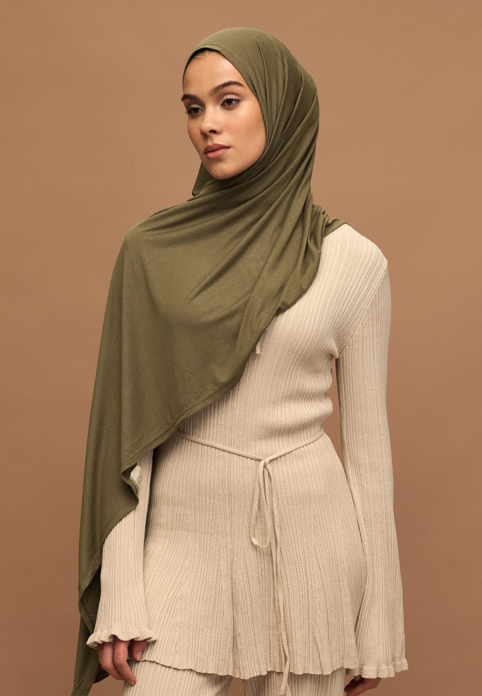 Cotton Jersey Headscarf in Khaki by Muserobe, side view
