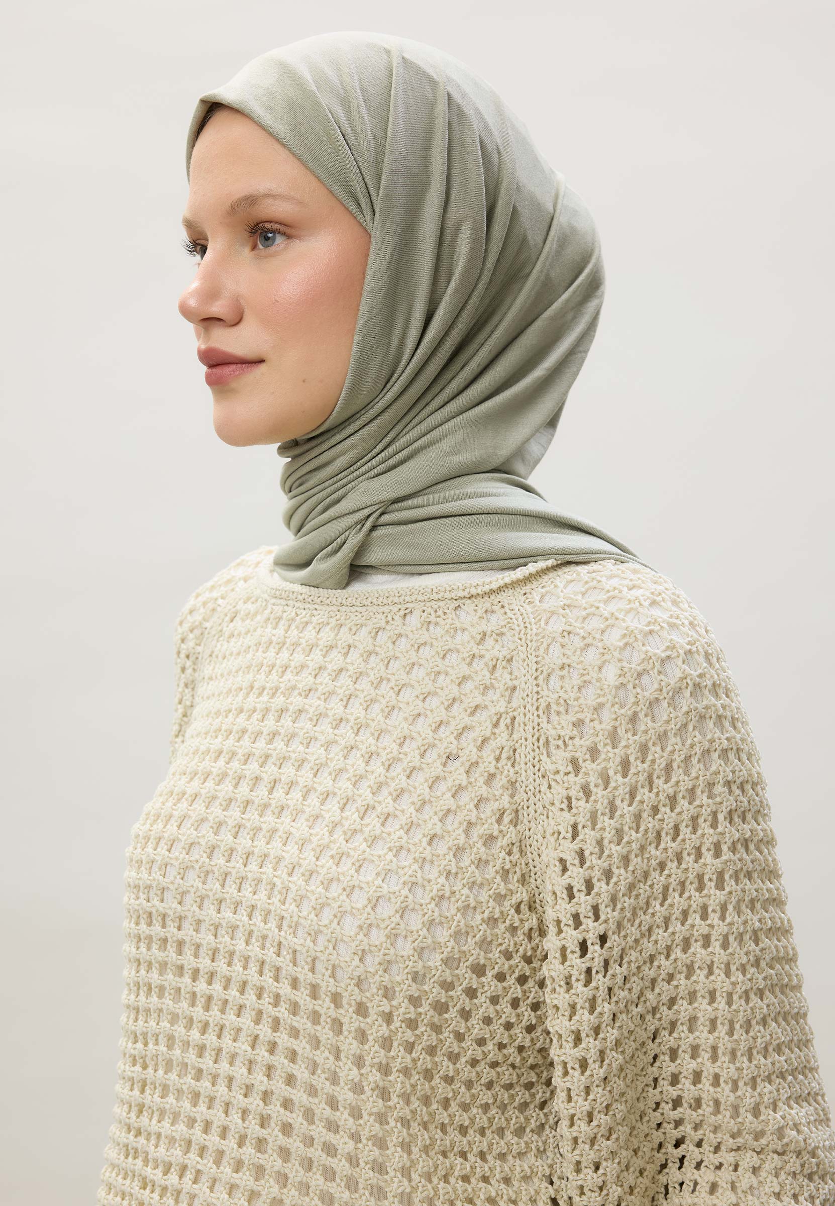 Cotton Jersey Headscarf in Pale Green by Muserobe, side view